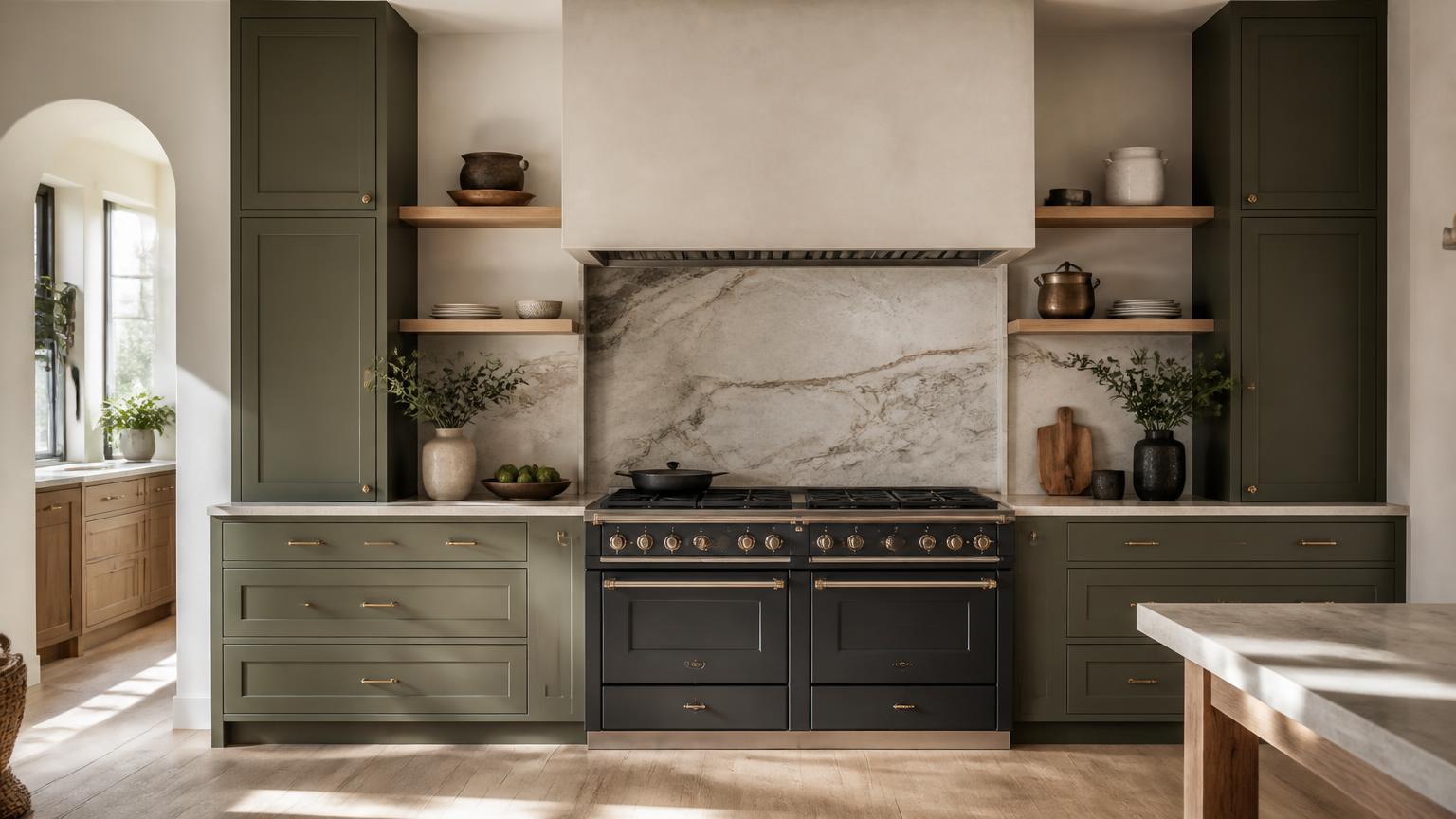 Sample kitchen — range, canopy and stone splashback